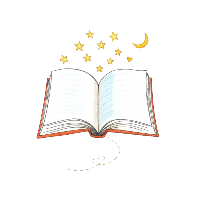 Ilustração de um livro aberto com estrelas e um caminho pontilhado