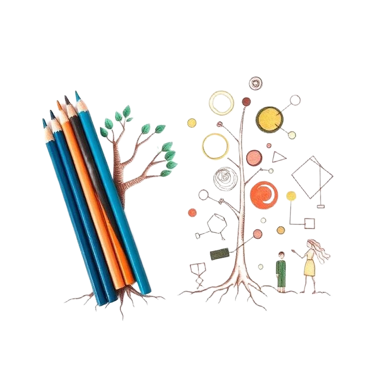 Ilustração de lápis de cor ao lado de uma árvore com raízes e formas desenhadas à mão