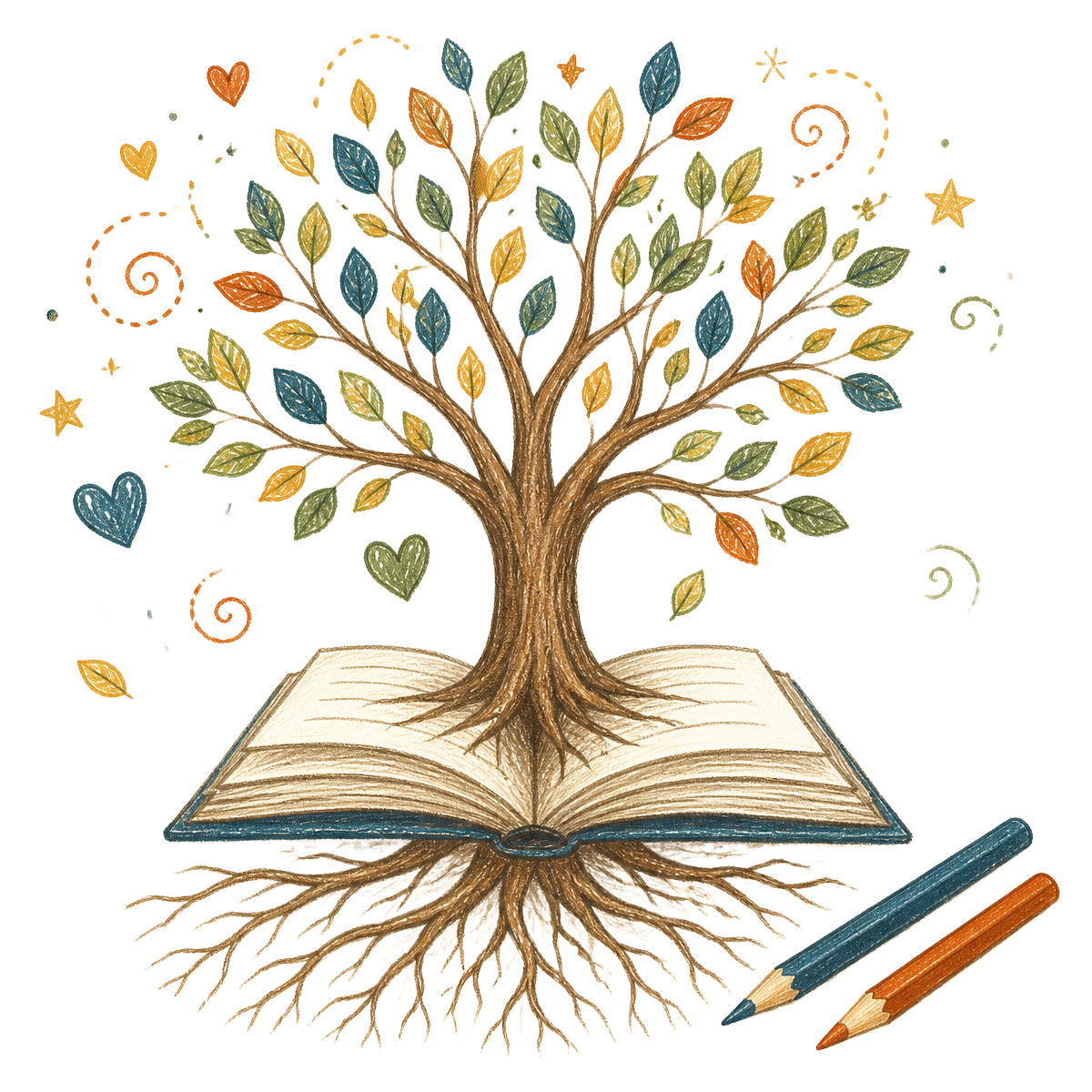 Ilustração de um livro aberto do qual nasce uma árvore com raízes, folhas e lápis de cor